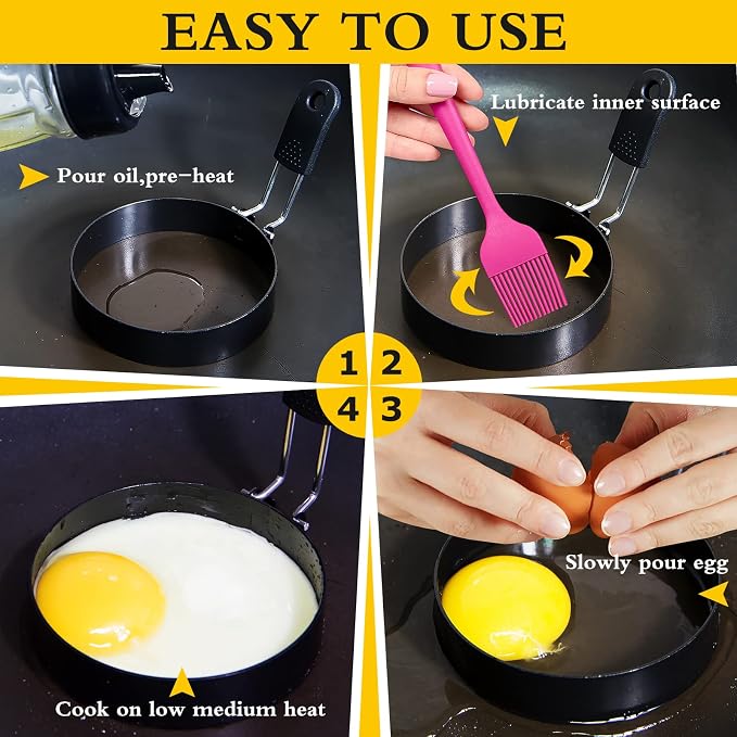 2-Pack Round+Square Egg Rings Set with Silicone Handle, Stainless Steel Egg Cooking Rings，Nonstick，For Frying Eggs and English Muffins Pancake, Egg Mold Shaper For Breakfast