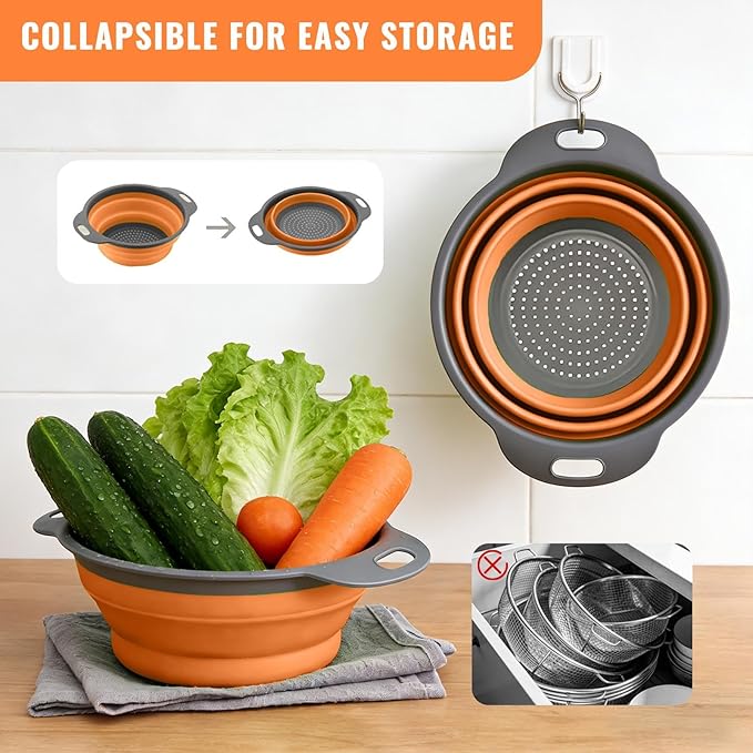 2 Pack Collapsible Silicone Colander with Handle, Over Sink Foldable Food Strainer, BPA-Free Space Saving Drain Basket for Vegetables, Fruits, Pasta, Kitchen & Camping (Orange)