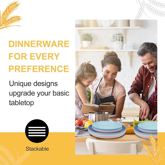 Rubtlamp Wheat Straw Plates and Bowls sets, Reusable Plastic Plate Set for 4, Kitchen Wheat Straw Dinnerware Sets (Spring Four Colors) Include Dinner Platos, Dessert Platos, Cereal Bowls, Cups
