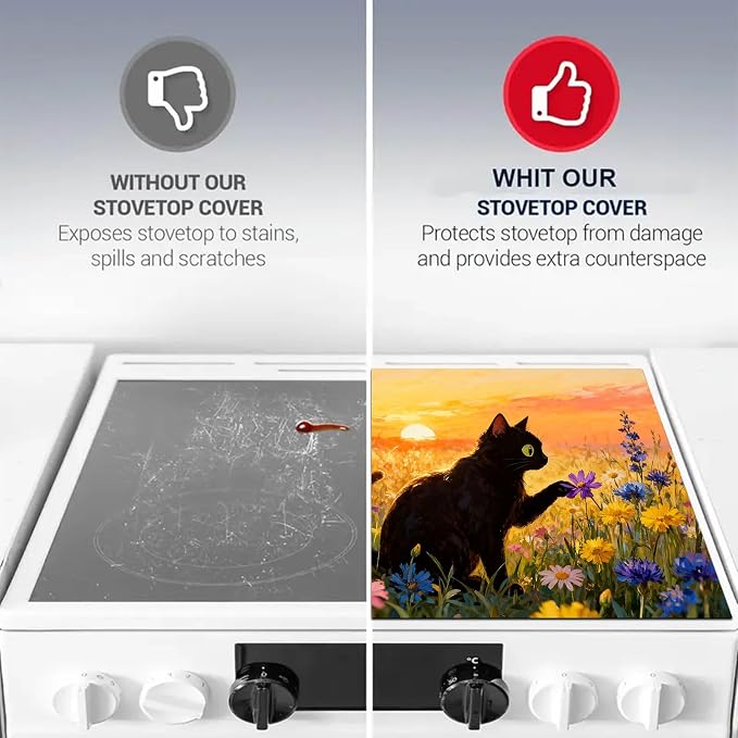 HOMETITUTE Spring Stove Top Covers for Electric Stove 28x20 Inches Black Cat Sunset Wildflower Heat Resistant Glass Cooktop Protector Pad Decorative Stovetop Cover Dish Drying Mats for Kitchen Decor