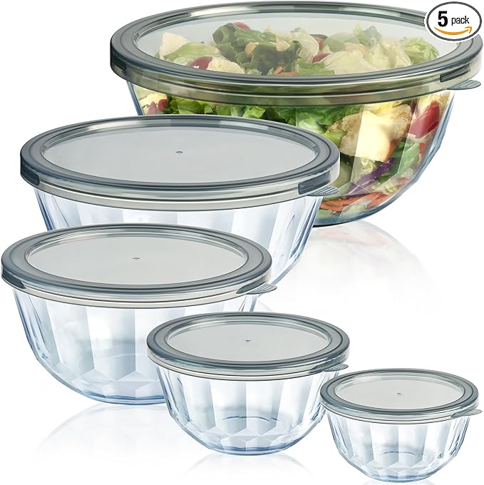 Glass Mixing Bowls with Airtight Lids, 5 PCS Thick Glass Nesting Bowls | Serving bowl For Kitchen Baking, Meal Prepping and Salad, Bpa Free Dishwasher Microwave and Oven Safe, 0.5/0.8/1.6/2.7/4.4 Q