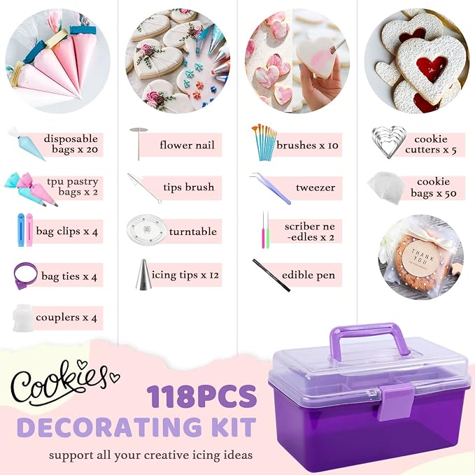 Cookie Decorating Kit 118pcs with Storage Case, Royal Sugar Piping Bags and Tips Icing Supplies Set, Turntable Scribe Decoration Tools for Kids & Cookie Holiday Christmas Valentine