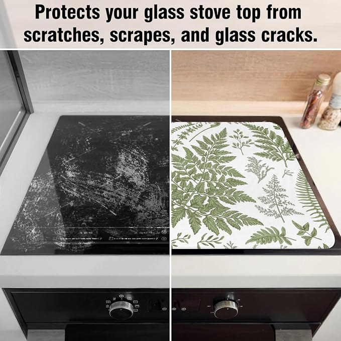Boho Glass Stove Top Cover for Electric Stoves,Botanical Fern Plant Floral Farmhouse Stove Top Cover for Kitchen Decor,Heat Resistant Cooktop Protector Mat,Non-Slip Washable Dish Drying Mat 28"x20"