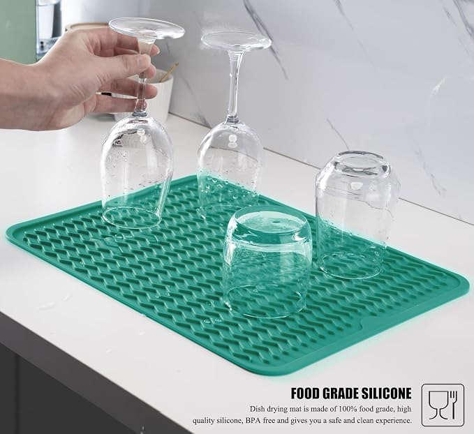 Silicone Dish Drying Mat, Non-Slip Easy Clean Sink Mat, Green, 18" x 16" | Quick-Dry Ridges, Large Heat-resistant Dish Drainer Mat for Kitchen Counter, Hangable & Roll-Up for Storage, Dishwasher Safe