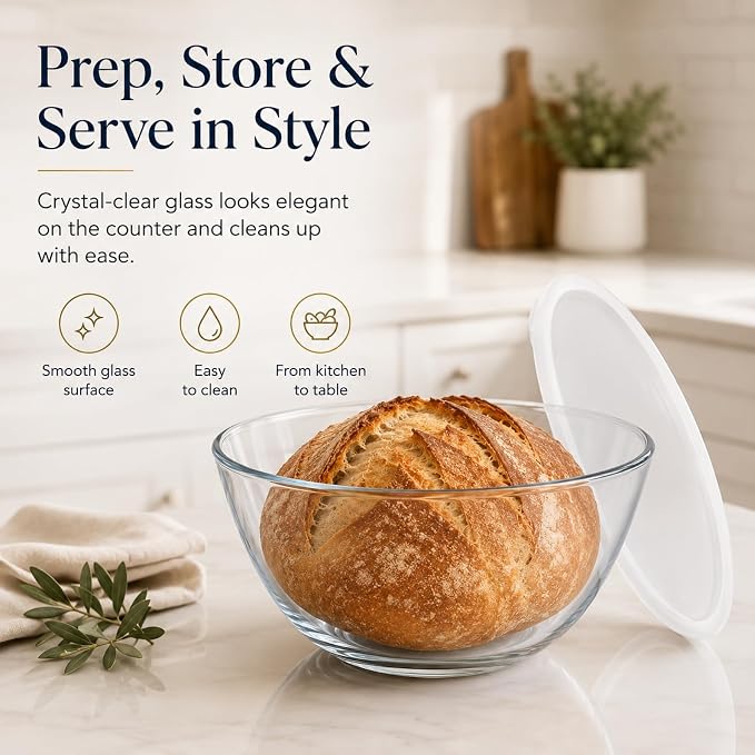4.7Qt Extra Large Glass Mixing Bowl for Sourdough Bread Making | Glass Mixing Bowl for Sourdough Bread with Lid Clear Breads Proofing Bowl with Covers Ideal for Kitchen Storage