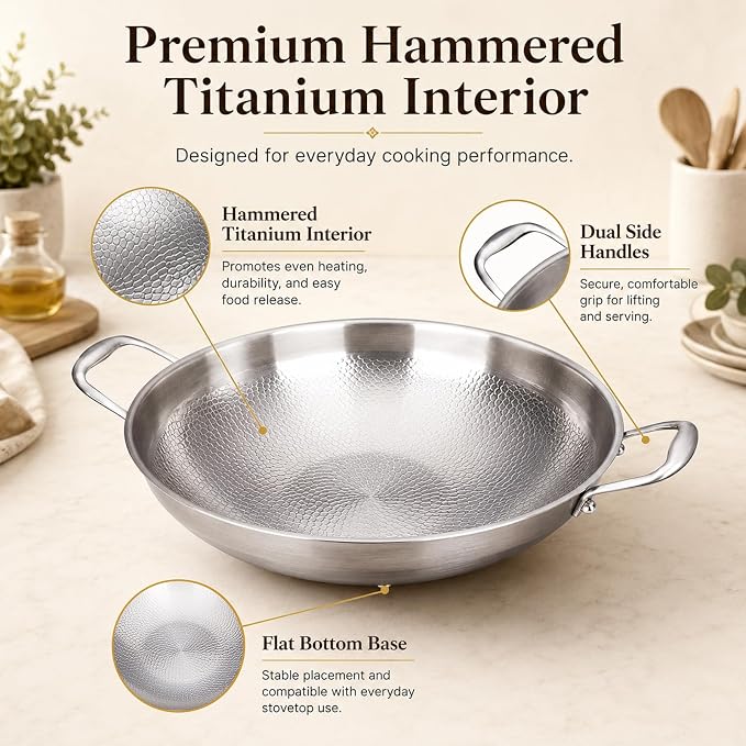 14 Inch Titanium Hammered Wok with Double Handles, Frying Pans Nonstick, Non-Stick Wok, Scratch-Resistant Non Stick Titanium Pans for Cooking,No lid