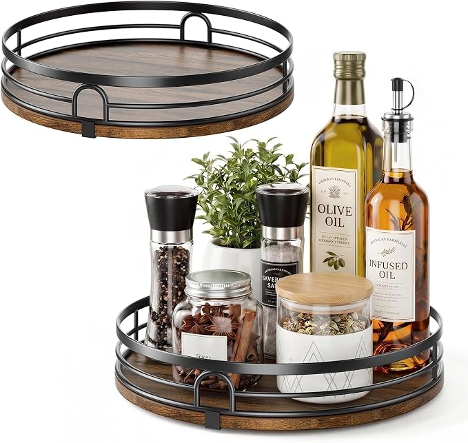 2 Pack 9" 10" Lazy Susan Turntable Organizer for Table Top | Round Wooden Lazy Susan for Cabinet, Countertop, Pantry, Spice, Kitchen, Bathroom Vanity, Coffee, Home Decor