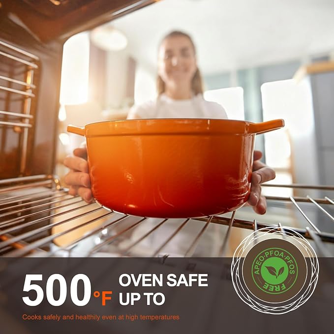 Overmont Enameled Cast Iron Dutch Oven - 5.5QT Pot with Lid Cookbook & Cotton Potholders - Heavy-Duty Cookware for Braising, Stews, Roasting, Sourdough Baking Orange