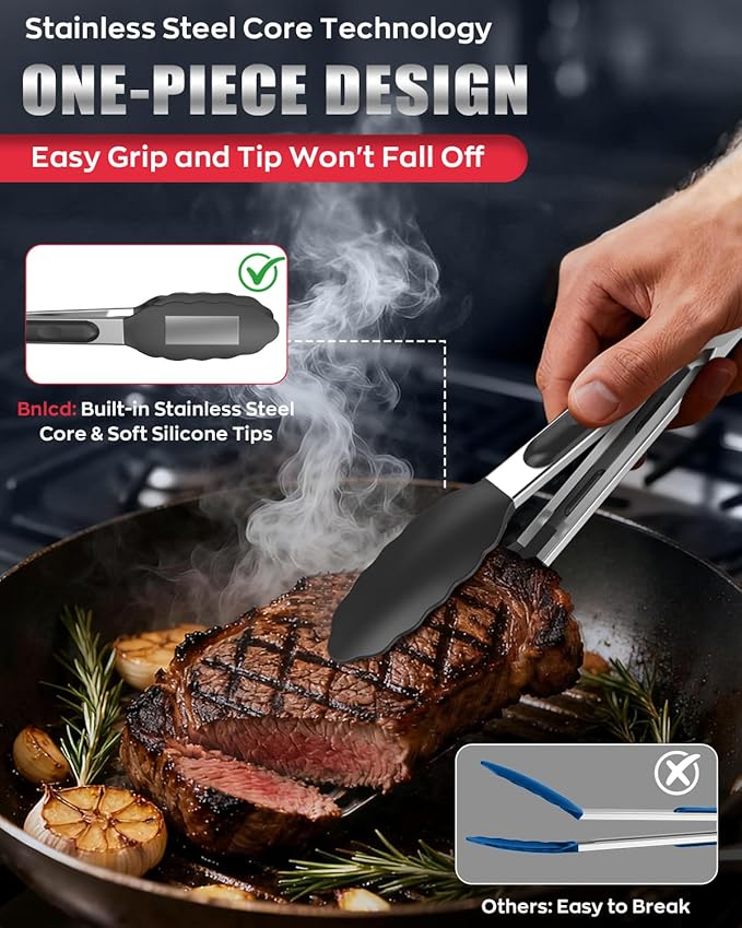Good Grip Cooking Tongs with Silicone Tips, Set of 3-7" 9" and 12" | 600ºF Heat Resistant, 5-Layer Heavy Duty Stainless Steel, Pull Lock, Non Stick - Kitchen Tongs for Salad, Cooking and Frying
