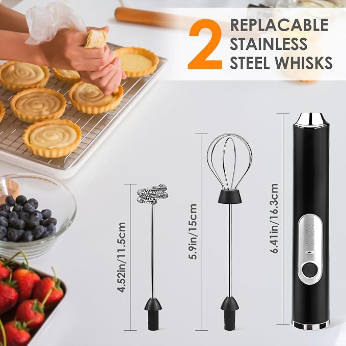 Milk Frother Handheld, Rechargeable Coffee Frother Wand, Drink Mixer, Black | Electric Foam Maker with 2 Stainless Whisks 3 Speeds, Hand Mixer for Lattes, Cappuccino, Matcha, Egg
