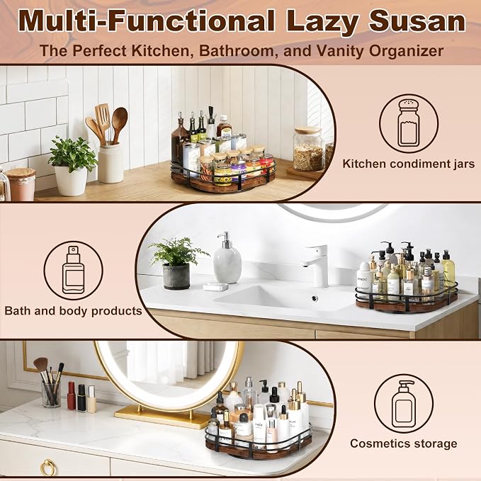 12" Large Lazy Susan Turntable Organizer -Rotating Spice Rack for Table Top | Wood Spice Cabinet Organizer for Pantry Kitchen Countertop Coffee Bar Cupboard Bathroom Vanity Storage