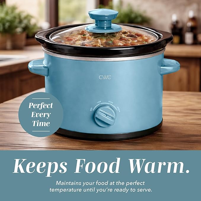 COOK WITH COLOR 2QT Mini Electric Round Slow Cooker - Adjustable Settings, Removable Stoneware Pot, Tempered Glass Lid, Dishwasher Safe, Cool-Touch Side Handles, Slate Blue