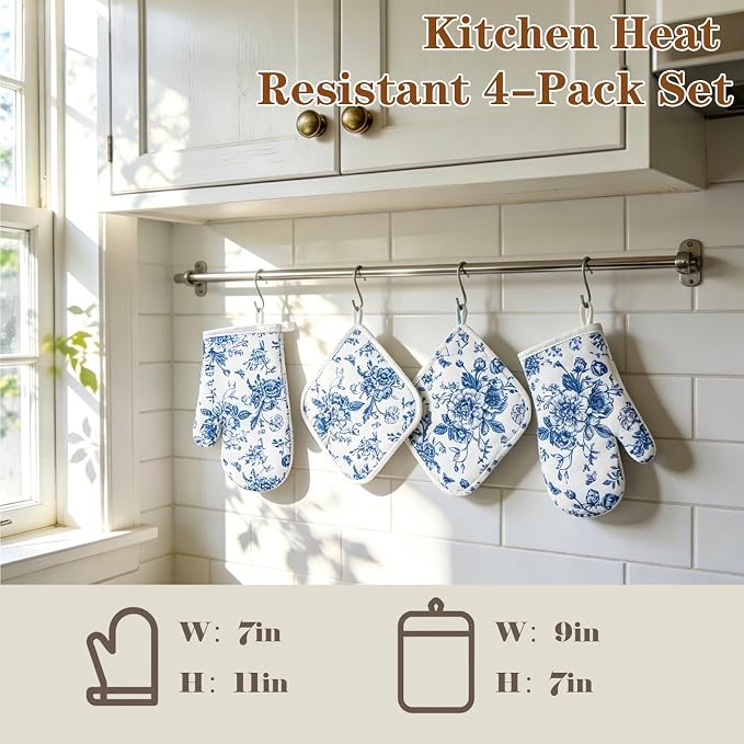 AnyDesign 4Pcs Blue Chinoiserie Floral Oven Mitts and Pot Holders Set | Heat Resistant Non-Slip Potholders Porcelain Flower Kitchen Oven Gloves with Hot Pads for Cooking Baking