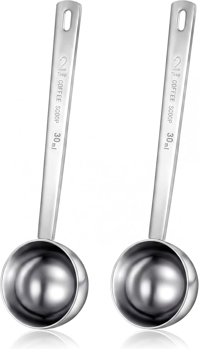 Geiserailie 2 Pcs 2 Tablespoon Scoops with Long Handle, 30 ml Stainless Steel Measuring Spoon for Coffee Milk Fruit Powder, Loose Tea Dry, Spice Jar, Cooking Baking, and Other Dry Goods