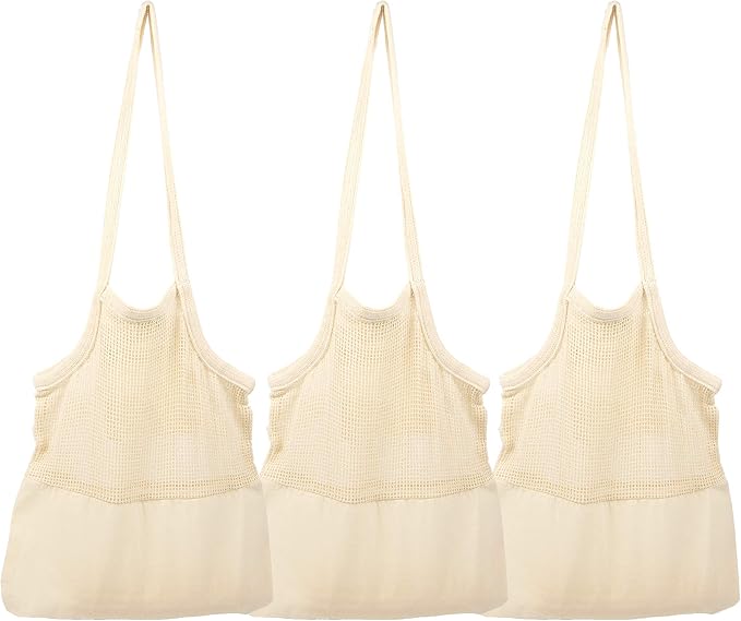 Reusable Mesh Grocery Shopping Bags - Organic Cotton Mesh Tote Bags - Net Farmers Market Bags with Reinforced Bottom - Mesh Mushroom Foraging Tote Bags - Portable Cotton French Market Tote (3 Bags)
