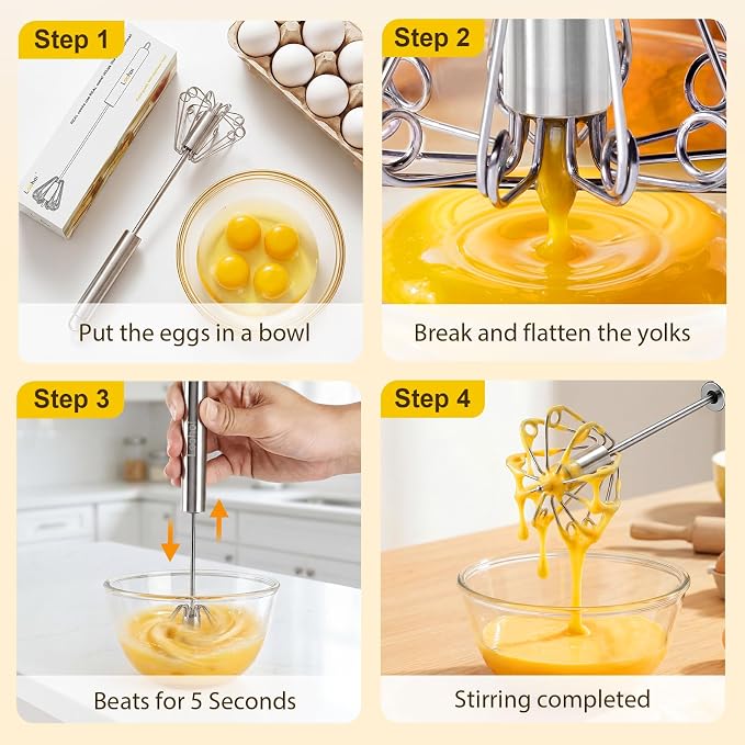 Upgraded Stainless Steel Semi-Automatic Whisk, 10 inch | Easy Push Hand Whisks for Eggs, Cream, Coffee & Light Mixing, Easy Clean Kitchen Whisk for Everyday Cooking, Kitchen Gadgets