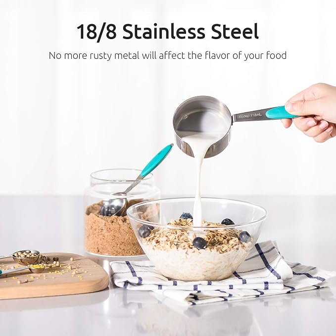 U-Taste Measuring Cups Spoons Set, 18/8 Stainless Steel, 10Pcs, Teal | Upgraded Thickened Handle, Reinforced Welded Joints, Nested Stackable Design, Metal Measure Set for Kitchen Baking Cooking