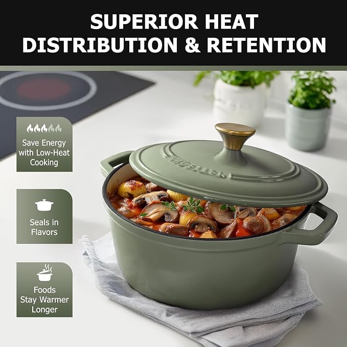 MUELLER HOME 4.5 Quart Enameled Cast Iron Dutch Oven For Sourdough Bread Baking, Heavy-Duty, Oven-Safe up to 500° F & Across All Cooktops, Casserole Dishes, Green Kitchen Accessories, Thyme Green | For Sourdough Bread Baking, Heavy-Duty, Oven-Safe up t...