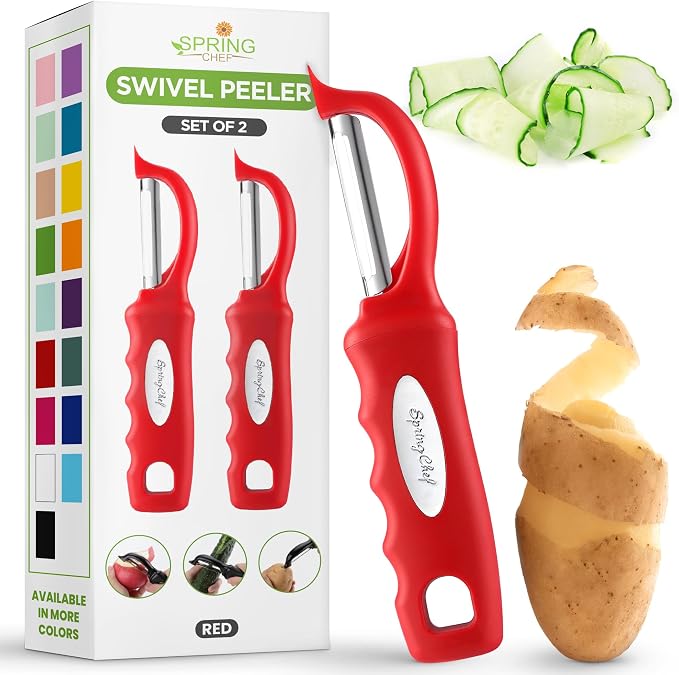 Spring Chef Swivel Vegetable Peeler with Ergonomic Handle, Set of 2, Red | Premium Potato Peeler w/ Ultra Sharp Stainless Steel Blades, Multifunctional Veggie Peeler for Apple, Carrot, Cucumber, Fruit