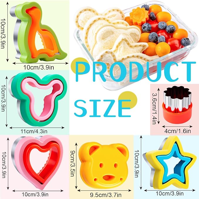 Sandwich Cutters for Kids Lunch LARGE 6 Pcs | Sandwich Maker, Cookie Cutters Set, Stainless Steel, Dinosaur Mouse Heart Star Bear