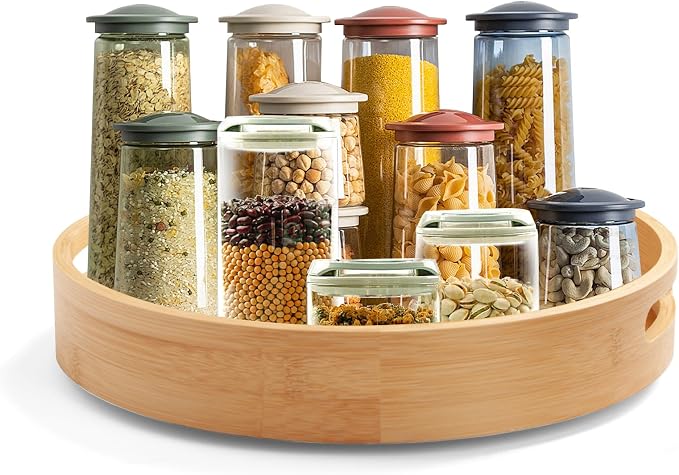 14in Bamboo Lazy Susan Organizer for Cabinet | Spice Turntable Organizer for Kitchen, Round Rotating Serving Tray Turntable Seasoning Organizer for Table Top