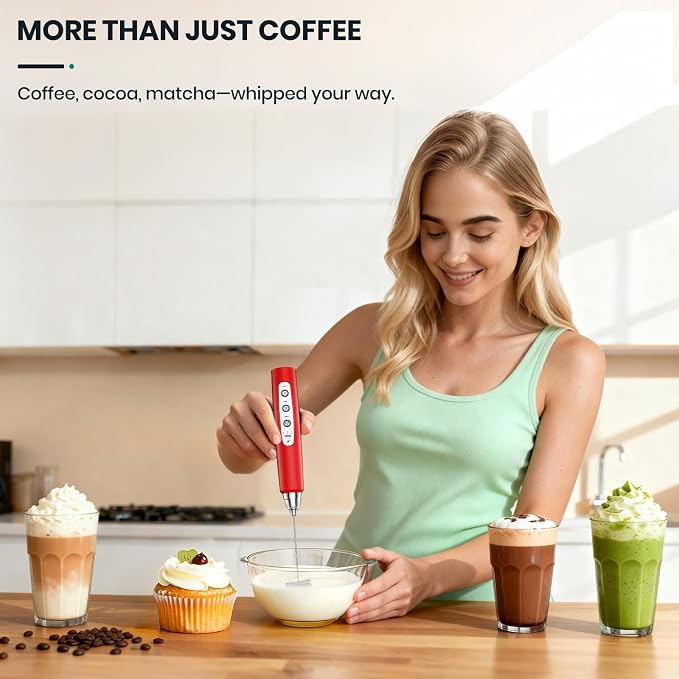 Colarlemo Milk Frother Handheld Rechargeable with Stand, Frother Wand Drink Mixer Electric Whisk for Coffee, Detachable With 3 Stainless Whisks, Hand Mixer for Lattes, Cappuccino, Matcha, Egg, Red