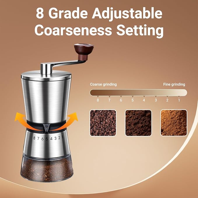 Ceramic Burr Manual Coffee Grinder with 8 Adjustable Coarseness Settings | For Cold Brew Espresso Beans French Press Pour Over Drip,Stainless Steel Hand Crank Coffee Mill for Home Use Travel Camping