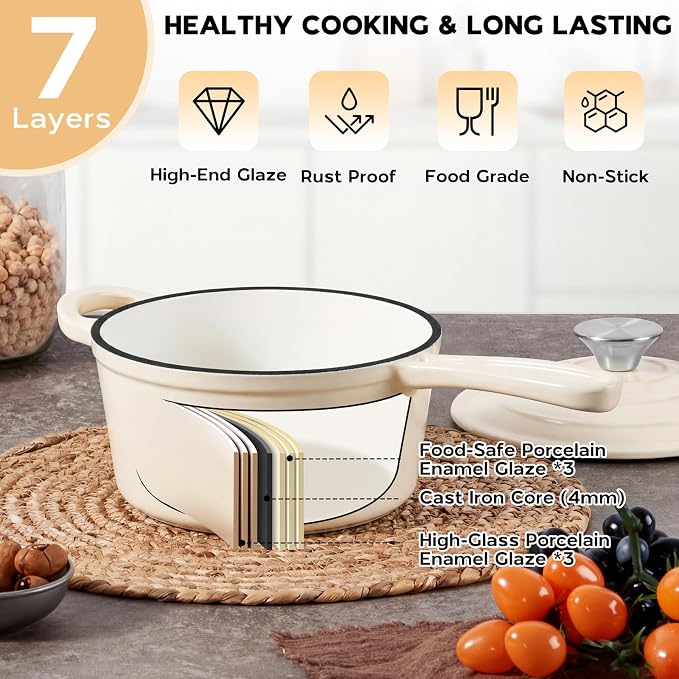 Onader Enameled Cast Iron Sauce Pan, 1QT Small Saucepan with Lid, Cast Iron Sauce Pot, Enamel Dutch Oven, Nonstick & Heavy Duty – Cream White