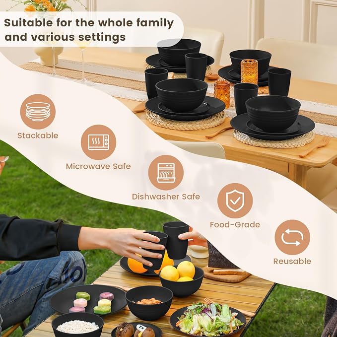 16-Piece Wheat Straw Dinnerware Sets, Reusable Unbreakable Plates and Bowls Sets,Cups,Service for 4, Premium Dishwasher and Microwave Safe Dish Sets for Kitchen,Outdoor - Black