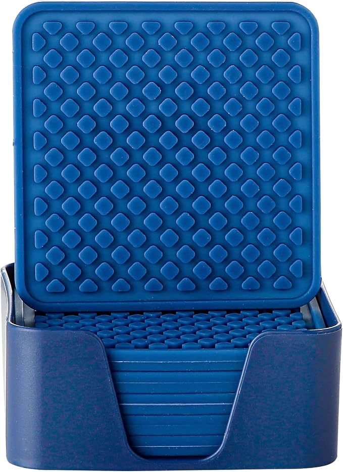 Colinda Silicone Drink Coasters with Holder, Set of 6, for Tabletop Protection and Office Desk, Cup Mat Set for Home Decor, Non-Slip and Non-Stick,Square, 4 Inch,Navy Blue