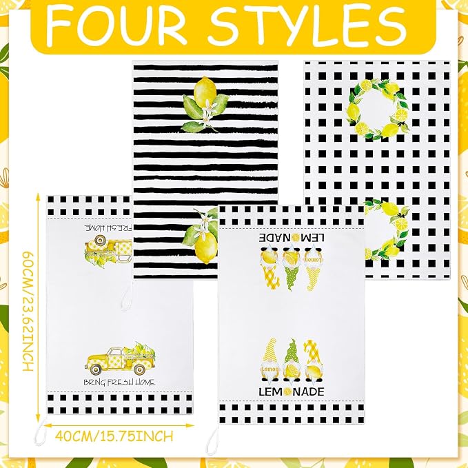 4 Pcs Lemon Kitchen Towels, Absorbent Quick Dry Tea Towels Gifts | Lemonade Gnome Black White Striped Decorative Dishcloths with Hanging Loop, Farmhouse Summer Kitchen Decor Housewarming Gift