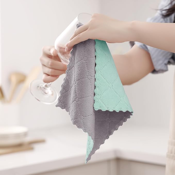 Homaxy 12 Pack Super Soft Dish Cloths, 10" x 10", Grey & Green | Coral Velvet, Nonstick Oil Fast Drying Microfiber Cleaning Cloth, No Lint Household Dishcloths