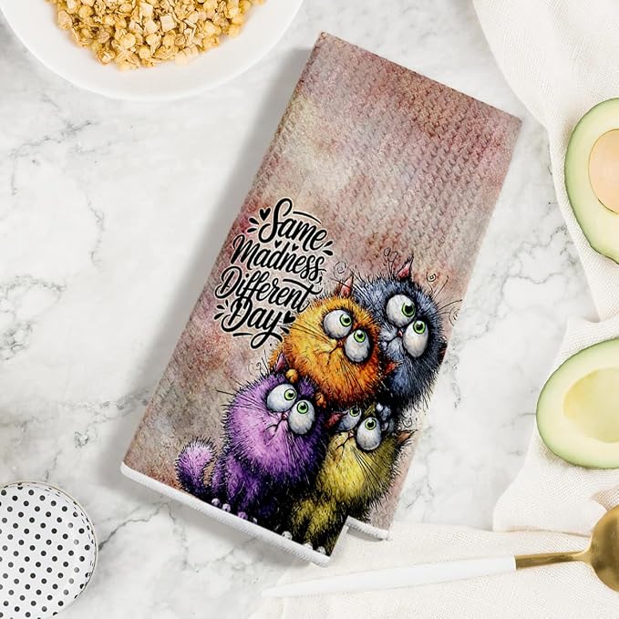 Jztco 4 Pcs Funny Cat Kitchen Towels, Cute Cat Gifts Reusable Hand Towels | Cat Dish Cloths for Drying Dishes, Cats Waffle Dish Towels for Kitchen Bathroom Decor, Cat Lover Gifts for Women Grandma Mom