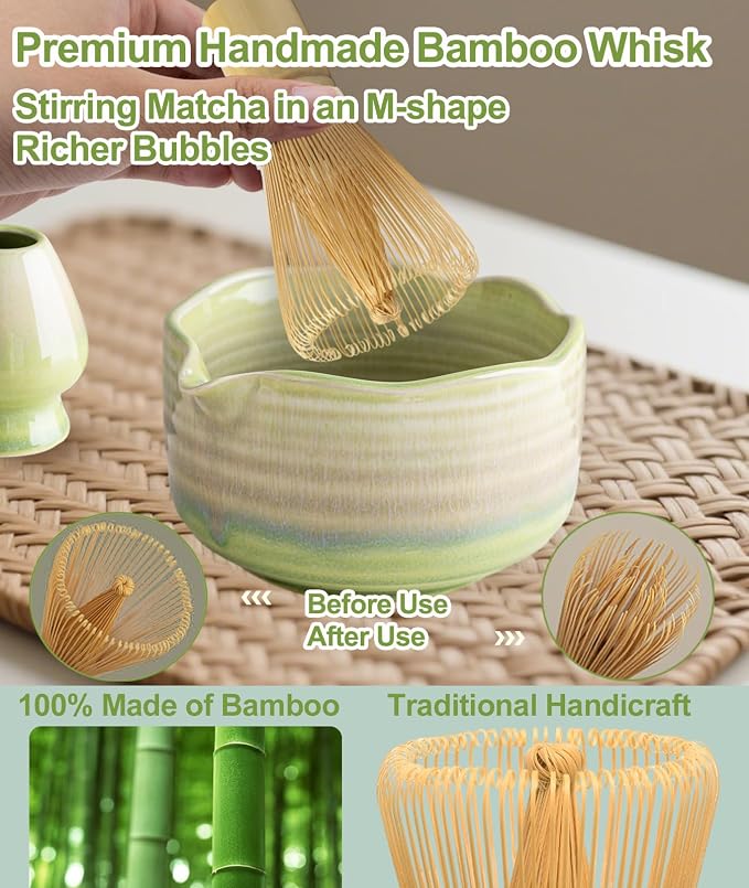 JBER Matcha Set, 7PCS Ceramic Matcha Whisk Set for Matcha Lovers Ceremony | Matcha Kit Gift Includes 17oz Bowl, Bamboo Whisk (Chasen), Holder, Powder Sifter for Matcha Starter, Gradient Green Yellow