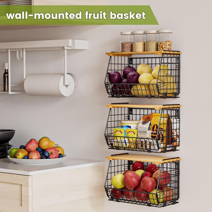 Hanging Fruit Basket for Kitchen, 3 Pack Vegetable Produce Basket | Wood Lid, Wall Mounted & Countertop Wire Storage Basket for Potato Onion Fruits Vegetables, Pantry Organizers Storage