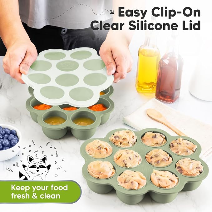 KeaBabies Silicone Food Freezer Trays with Lid, 2oz x 10 Pods (Sage) | Baby Food Storage Containers, Easy Puree Meal Prep, Breast Milk Silicone Freezer Molds, Dishwasher, Microwave Safe, BPA-Free