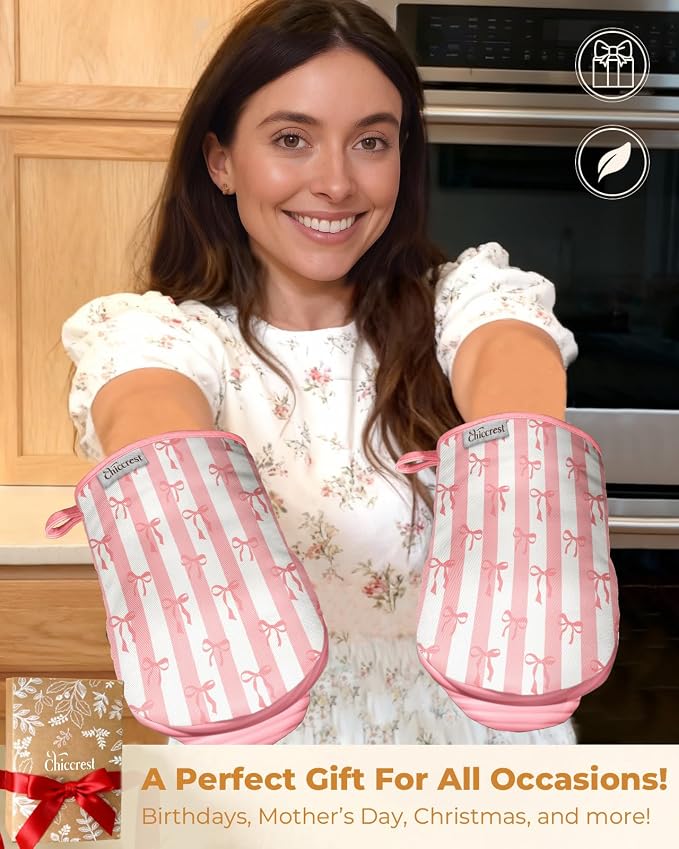 100% Thick Cotton Oven Mitts Ribbed Soft Silicone Cute Pink Bow | Aesthetic Oven Mitts for Women, Machine Washable Non-Slip Kitchen Mitts, Reversible for Both Hands, Stylish Kitchen Decor