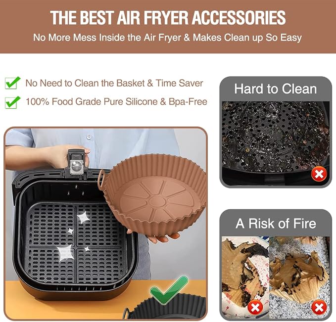 2 Pack Air Fryer Silicone Liners Pot for 3 to 5 QT, Air Fryer Silicone Basket Bowl, Replacement of Flammable Parchment Paper, Reusable Baking Tray Oven Accessories, Brown+Blk, (Top 8in, Bottom 6.75in)