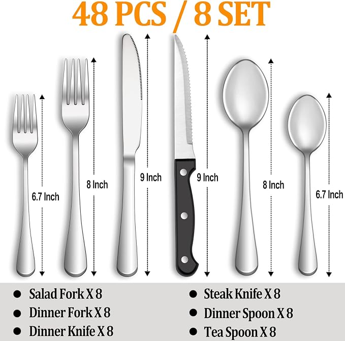 48 Pcs Silverware Set with Steak Knives for 8, Stainless Steel Flatware Set, Mirror Polished Cutlery Utensil Sets, Home Kitchen Eating Tableware Sets, Dishwasher Safe