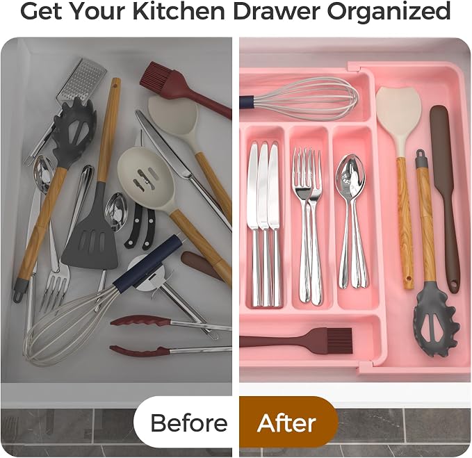 ukeetap Extra Large Expandable Silverware Organizer, Flatware Tray, Pink | BPA-Free Food-Safe Kitchen Utensil Cutlery Drawer Organizer, Adjustable Silverware Holder for Spoons Forks Knives