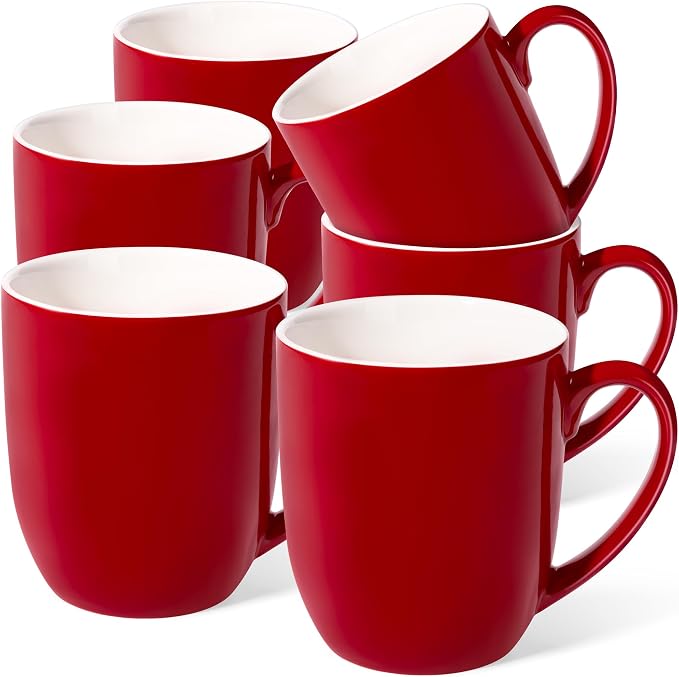 Urbanstrive 16 oz Large Coffee Mugs Set of 6 Ceramic Coffee Mug White Coffee Cups Tea Cups Idea Gift for Women Men House Warming Gifts New Home Office, Red 6 Pack