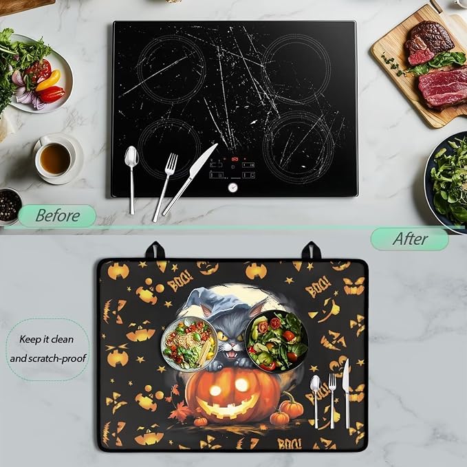 Halloween Cat Pumpkin Stove Top Cover for Electric Stove, Induction Silicone Cooktop Mat, Customized Electric Stove Top Protector Mat Design Your Own Cover Halloween Decor