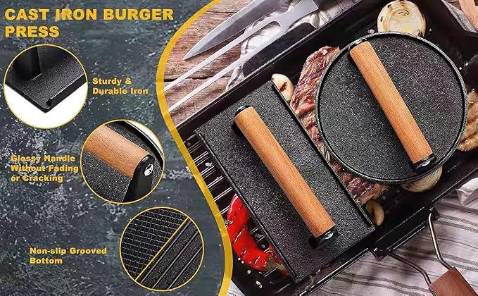 Kitchen Tools 5.7"Cast Iron Smashed Burger Press, 8“ bacon Grill Press Crispy Smash Burgers Burger Tool for Grill and Griddle BBQs and Tailgates Gifts for Men and BBQ Enthusiasts