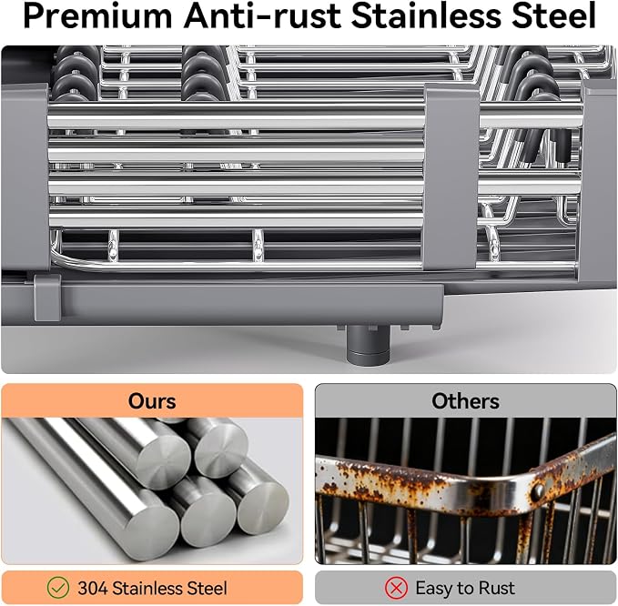 Urackify Extendable Stainless Dish Drying Rack for Kitchen Counter, Gray | 13.78"W x 18.7"L, Foldable Drainboard for Space Saving, Knife and Utensil Holder, Fast-draining Spout