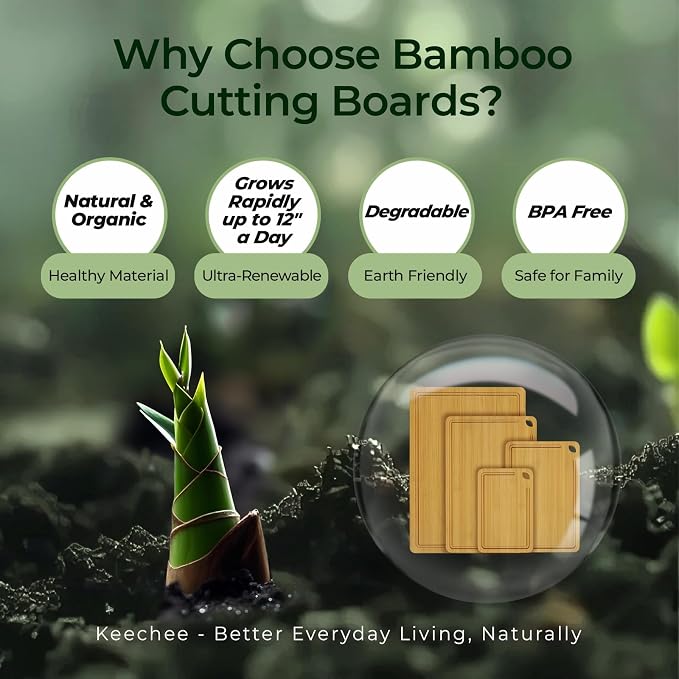 Keechee Natural Bamboo Cutting Board Set of 4, Wood Chopping Block Set | Non Toxic, Resisted-Cracking&Curling, Deep Juice Groove, Side Handles,Cross-Laminated Structure, Knife-Friendly