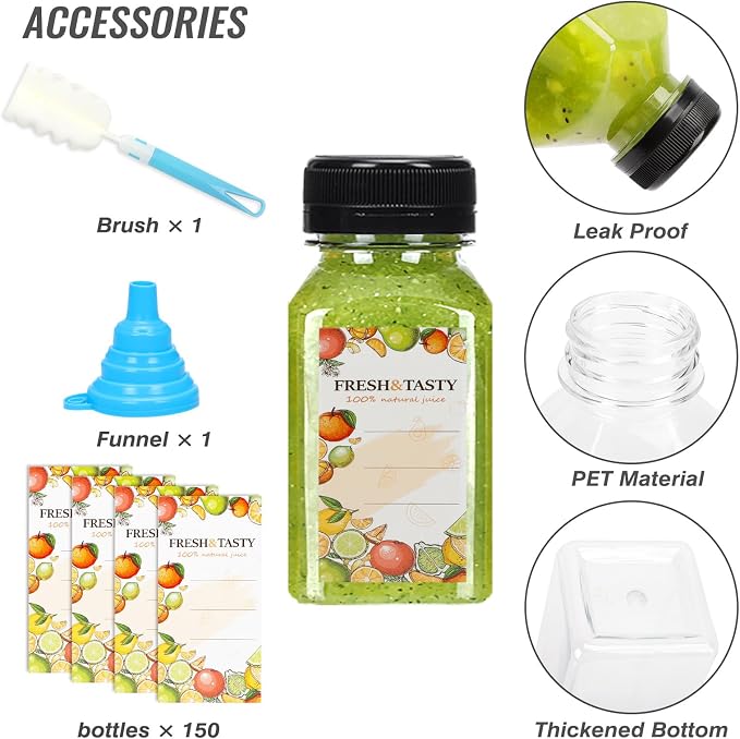 150pcs 4oz Plastic Juice Bottles with Caps, Sticker Labels, Brush | Empty Reusable 4oz Juice Containers with Lids Clear Ginger Shots Bottles with Label, Funnel, and Brush Beverage for Juicing