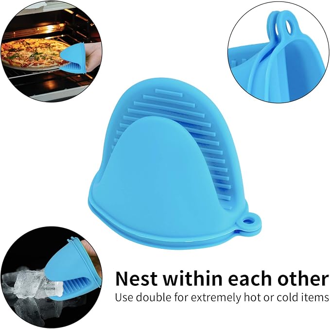 Vaincre 4PCS Heat Resistant Silicone Oven Mitts & Potholders, Blue & Green | Food Grade Silicone, Non-Slip Grip, Waterproof, Mini Size, Flexible, Dishwasher Safe, For Cooking Baking Grilling BBQ