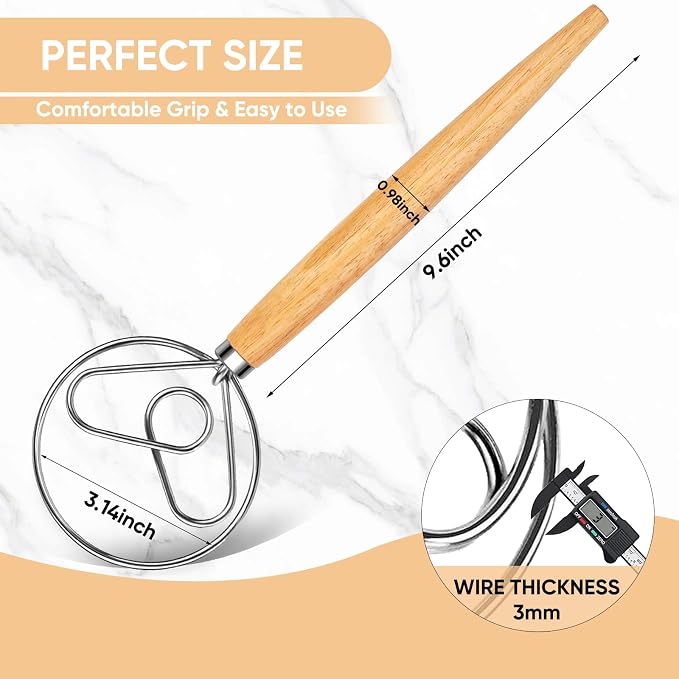 Maxjoy Danish Dough Whisk, Stainless Steel Wooden Bread Tool for Sourdough | Wooden Handle Dutch Dough Hook, Replaces Mixer and Spoon for Sourdough Pastry Pizza, Food Safe, Rust Resistant, Easy Clean