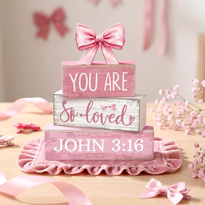 Lineshading 4 Pcs Pink Bow Decor Christian Table Decor Wooden Block Signs | Tiered Tray Filler, You Are So Loved John 3:16 Signs, Rustic Shelf Accent, Faith Gift for Girls, Tabletop Home Decorations