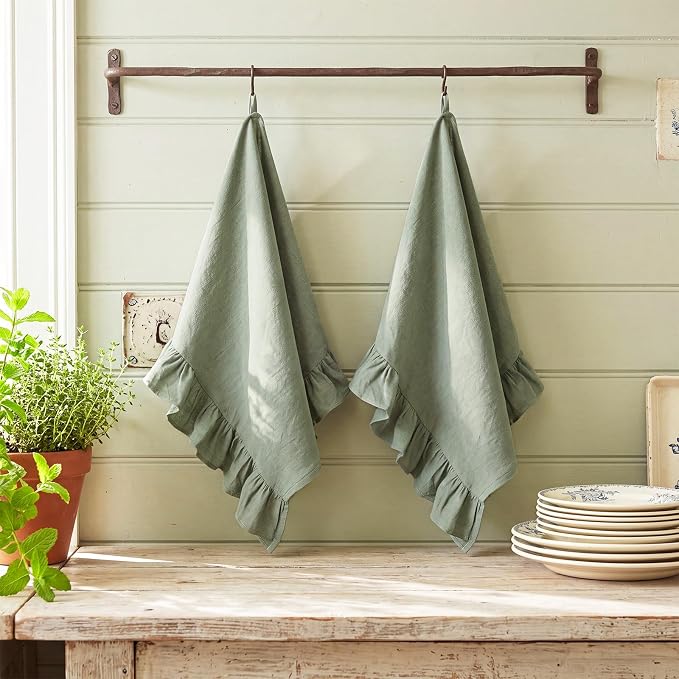 HunnmingRe Sage Green Kitchen Towels Set of 2, 100% Cotton Retro Ruffled Dish Towels 18"x28" Absorbent Tea Cloths for Farmhouse Charm, Drying Dishes, Entertaining Guests